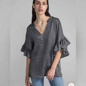 Harshman The Mattea Linen Silk Popover Ruffle Sleeve Charcoal Stripes Blouse